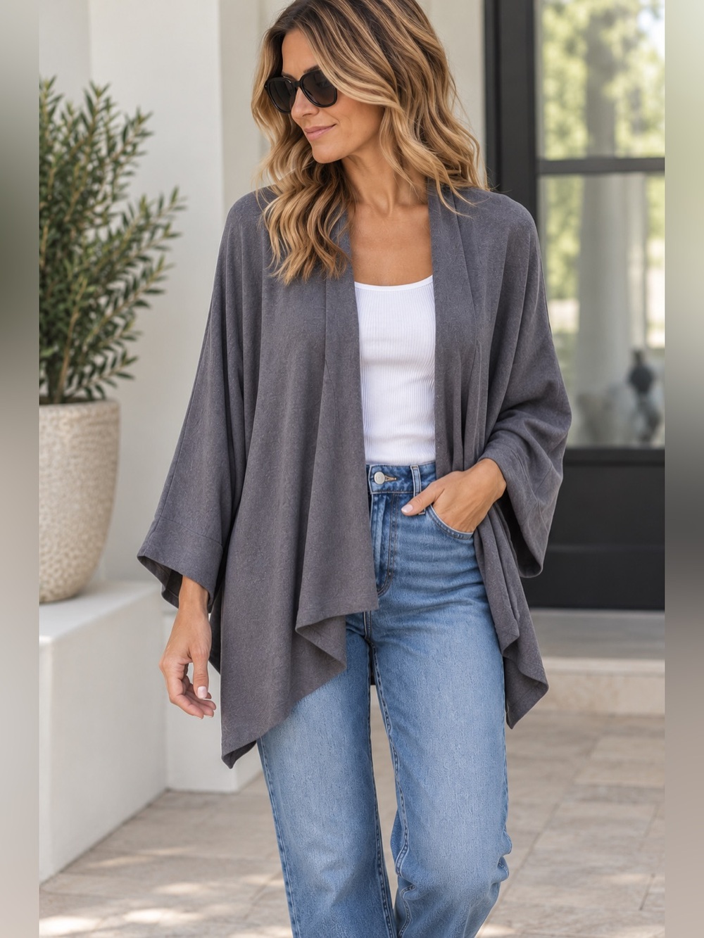 James Perse Gray Draped Open Front Cardigan Size 3 Large